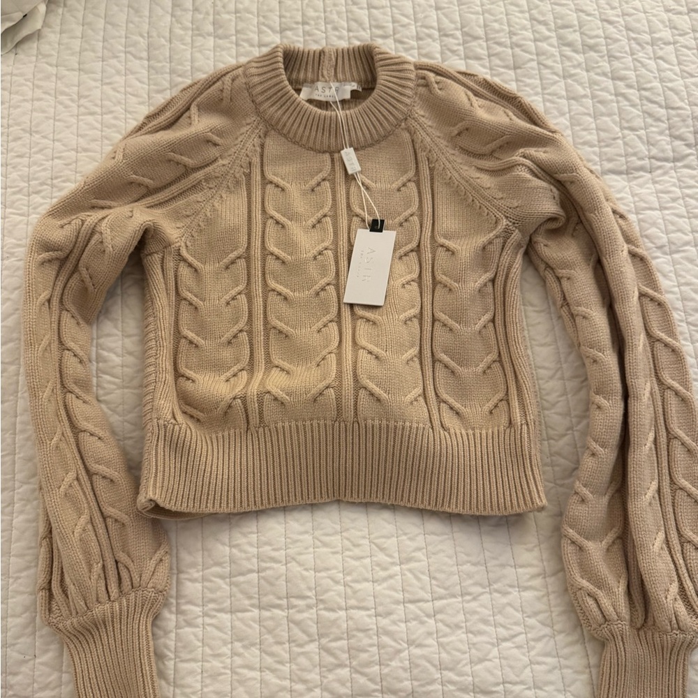 Astr Tan Cowl Neck Cable Knit Sweater